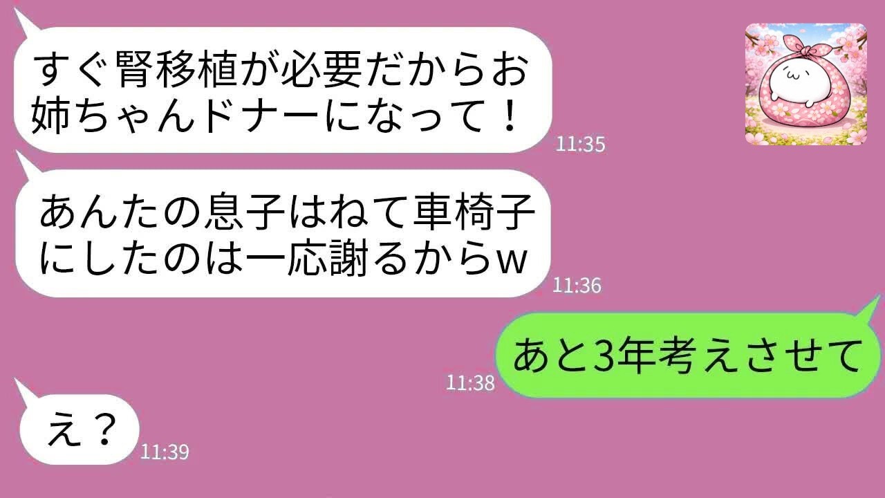 【LINE】飲酒運転で息子を車椅子にした妹が腎移植を要求→図々しすぎる女の末路www