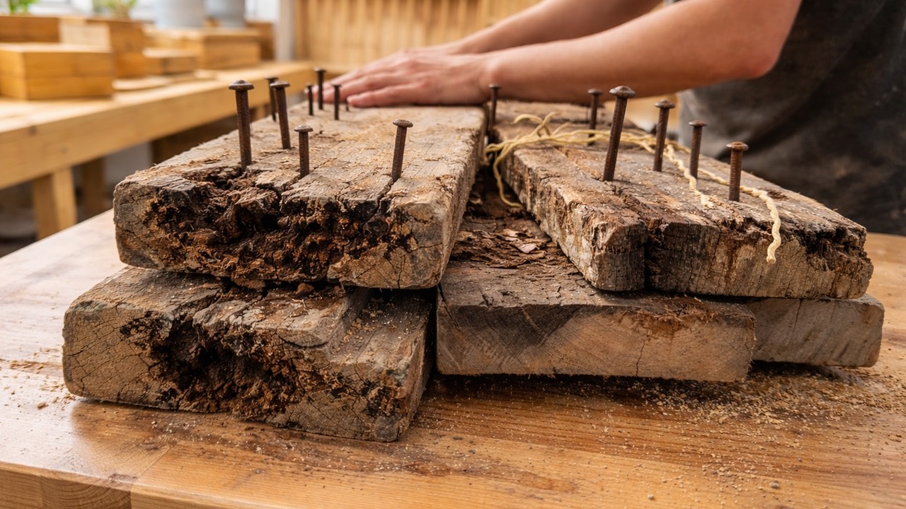 The Rocess Of Transforming An Ugly, Rusty Piece Of Wood Into A Valuable Piece Of Furniture.