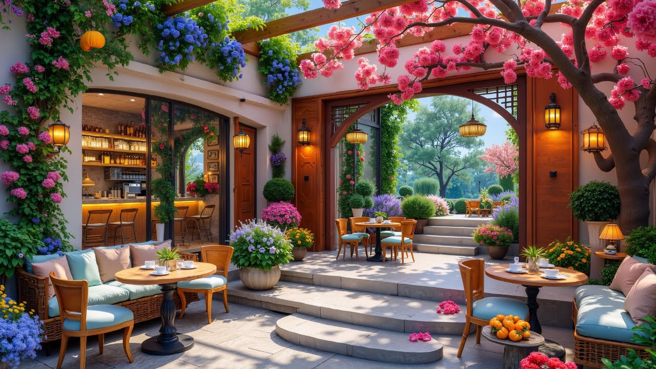 Positive Spring Morning Jazz 🌸 Cozy Outdoor Café Ambience | Soft Jazz for Work, Study & Relax