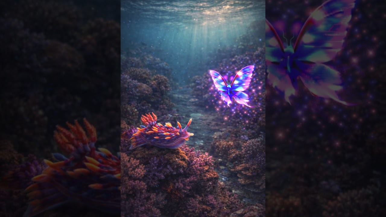 Descrição da cena da borboleta fluorescente e o nudibranquio 