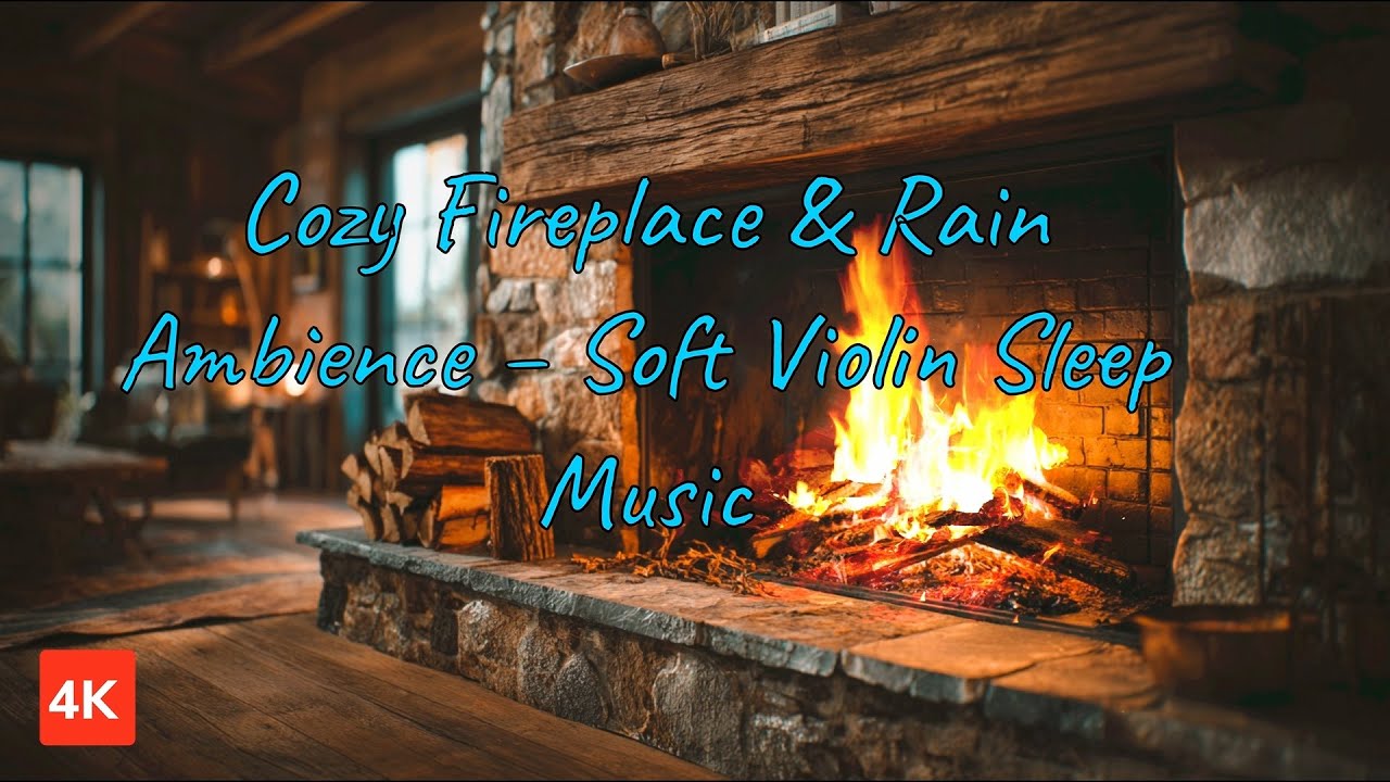 Cozy Fireplace & Rain Ambience – Soft Violin Sleep Music (4K) 🔥🌧🎻