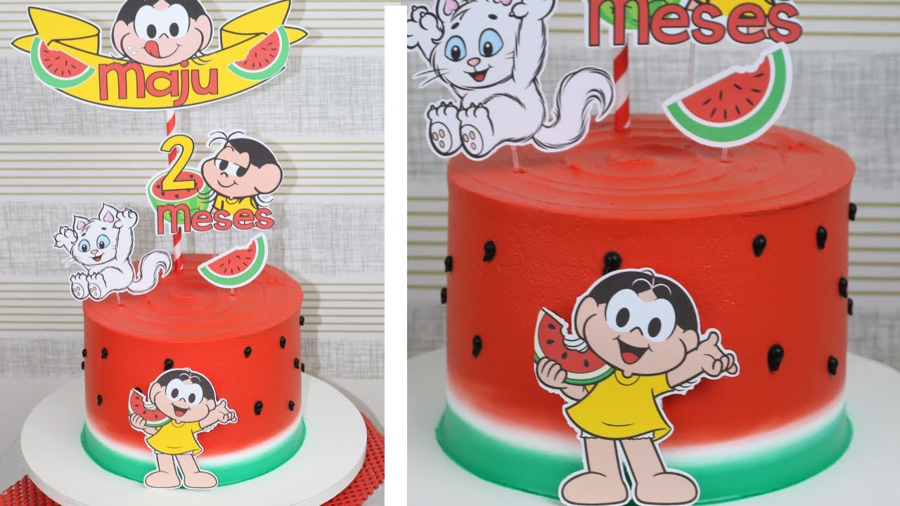 BOLO DECORADO MAGALI - BOLO DECORAÇÃO MELANCIA MAGALI - MESVERSÁRIO MAJU 2 MESES | Bru na Cozinha |