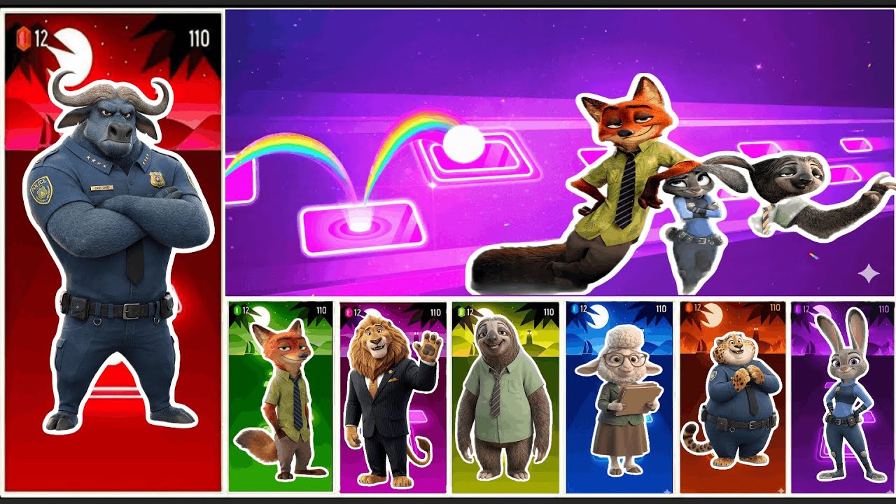 Zootopia Tiles Hop Edm Rush:Chief Bogo🆚Clawhauser🆚Flash🆚Judy Hopps🆚Nick Wilde🆚Lionheart