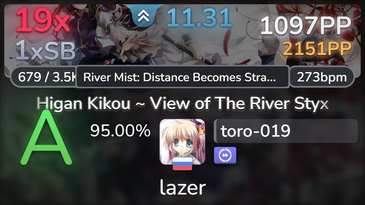 11.3⭐ toro-019 | Demetori - Higan Kikou [River Mist] +DT 95.00% | 1097pp 19❌ - osu!