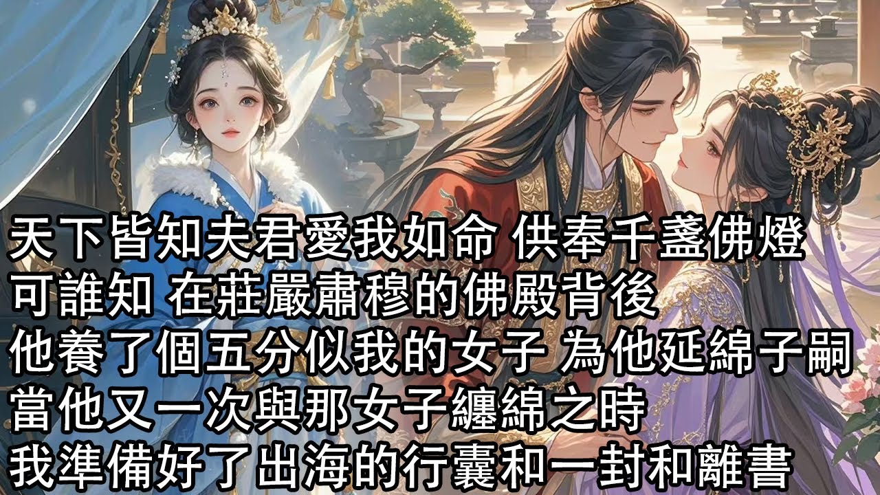 【一口氣看完】天下皆知夫君愛我如命 供奉千盞佛燈，可誰知 在莊嚴肅穆的佛殿背後，他養了個五分似我的女子 為他延綿子嗣，當他又一次與那女子纏綿之時，我準備好了出海的行囊和一封和離書