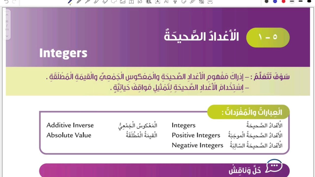 الصف السادس المنهج الجديد فصل ثاني _ بند ٥-١ الأعداد الصحيحة 