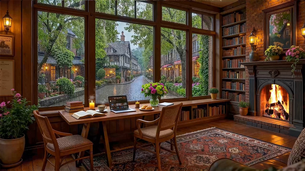 Warm Spring Rain Coffee Shop ☕ Cozy Jazz Piano, Rain & Fireplace Sounds for Study & Focus