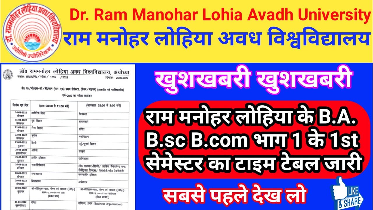 RMLAU B.A. B.sc B.com first semester time table 2022/RMLAU examination date 2022/RMLAU news today