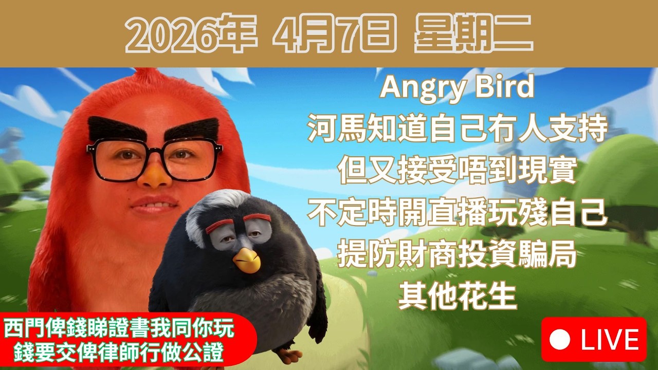 Angry Bird河馬知道自己冇人支持但又接受唔到現實 | 不定時開直播玩殘自己 | 提防財商投資騙局 | 西門俾錢睇證書我同你玩, 錢要交俾律師行做公證 | 其他花生