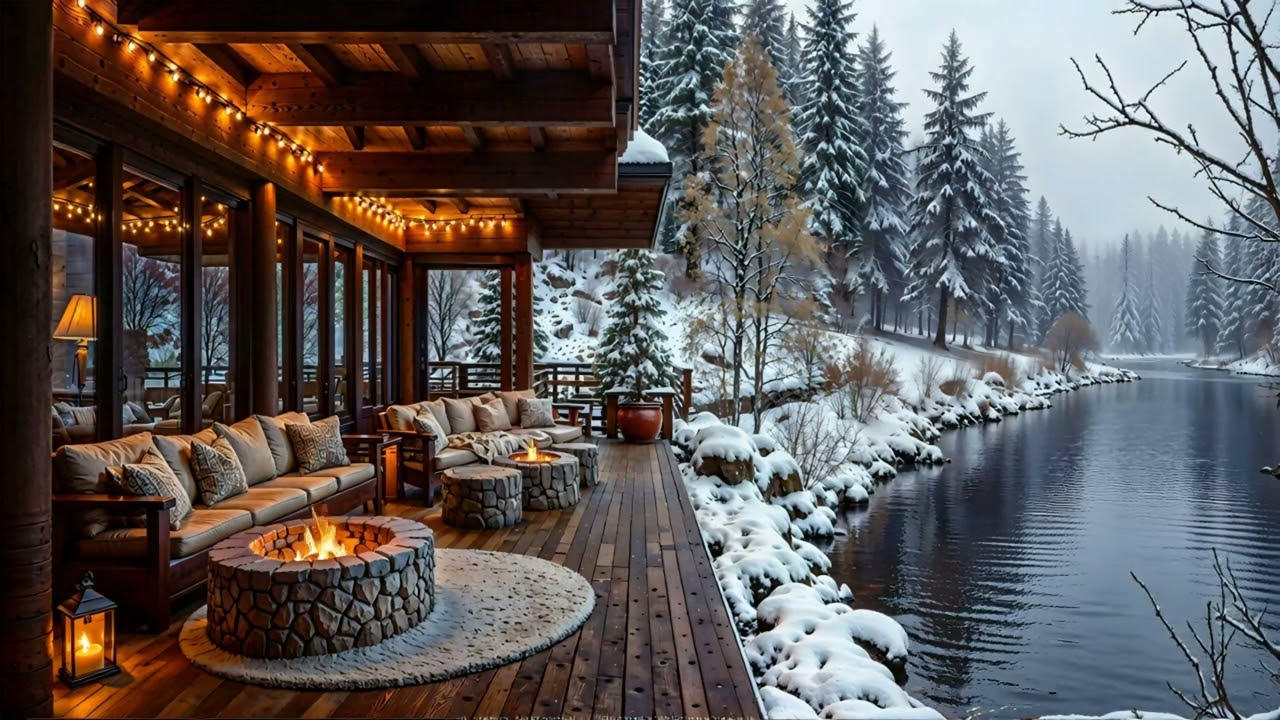4K Cozy Winter Cabin Ambience | Snowy Forest, Fireplace Crackle & River Sounds for Relaxation
