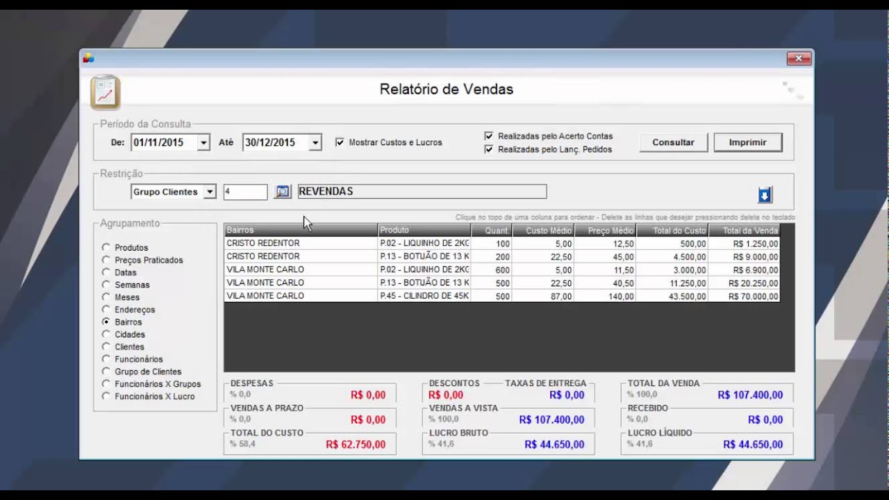 Software Disk Gás e Água - Relatório de Vendas