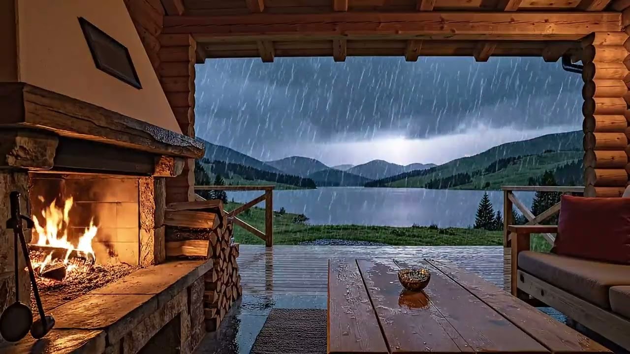 Cozy Mountain Cabin Rainstorm with Fireplace and Thunder Over Lake for Deep Sleep Ambience