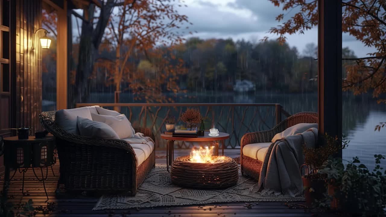 Lakeside Fire Pit with Rain and Distant Thunder | Immersive Outdoor Ambience for Focus and Calm 2 HR
