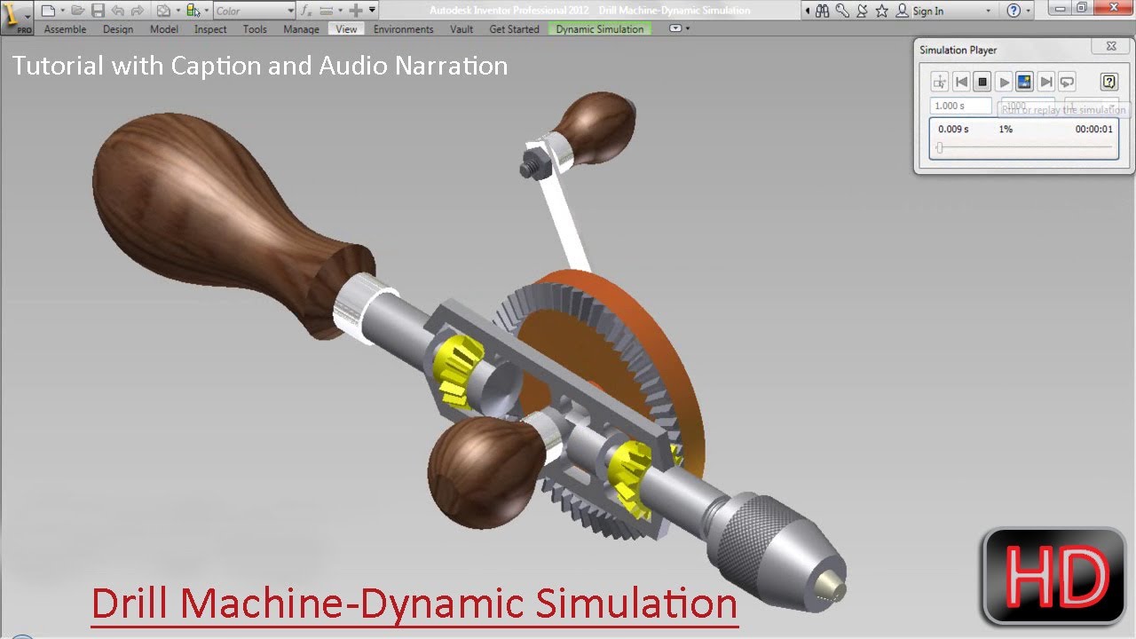 Drill Machine-Dynamic Simulation-Autodesk Inventor (with caption and audio narration)