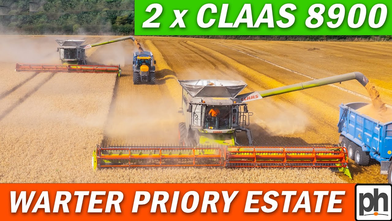 TWO CLAAS 8900 LEXIONS COMBINES CUTTING WHEAT AT WARTER PRIORY ESTATE