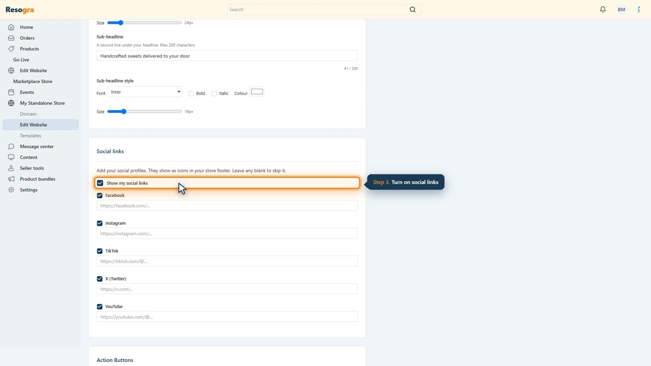 How to Add Contact Buttons and Social Links to Your Store on Resogra | Vendor Academy