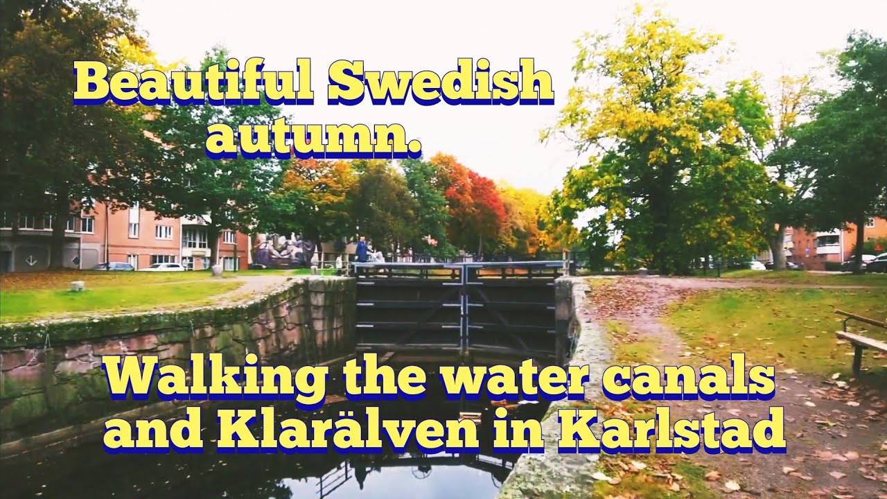 Walking in beautiful autumn Karlstad, Sweden. Amazing colours and water canals in September
