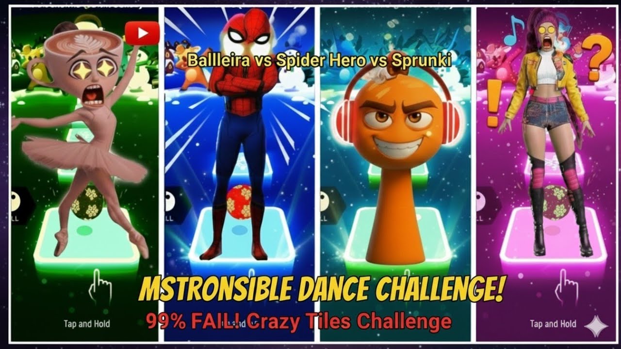 Ballerina → Spider Hero → Sprunki → K-Pop Rumi 😱 Crazy Tiles Hop Dance