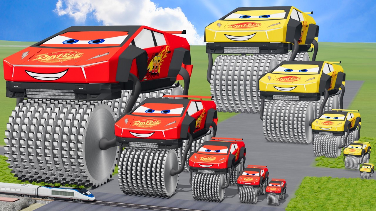 Big & Small Colors Lamborghini McQueen with Double Monster Saw wheels VS Train | BeamNG.drive