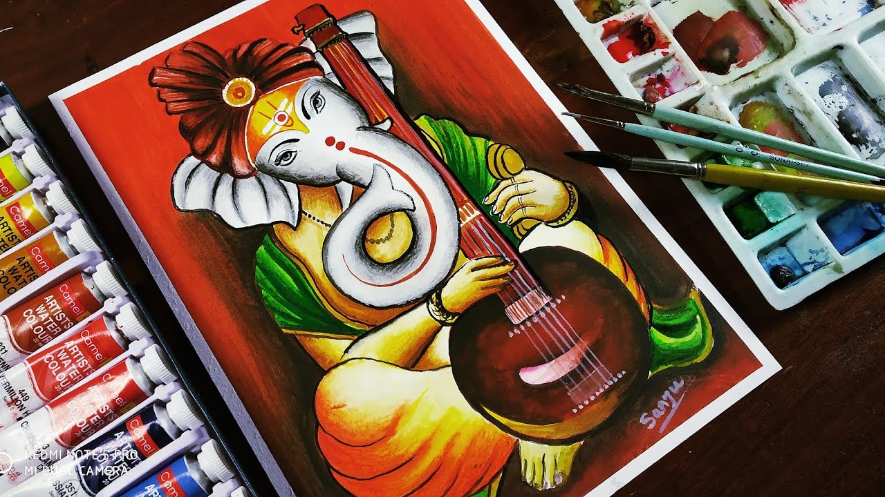 Ganesh chaturthi drawing | Ganesha drawing with watercolor Step by step | ganesha drawing|  sanju