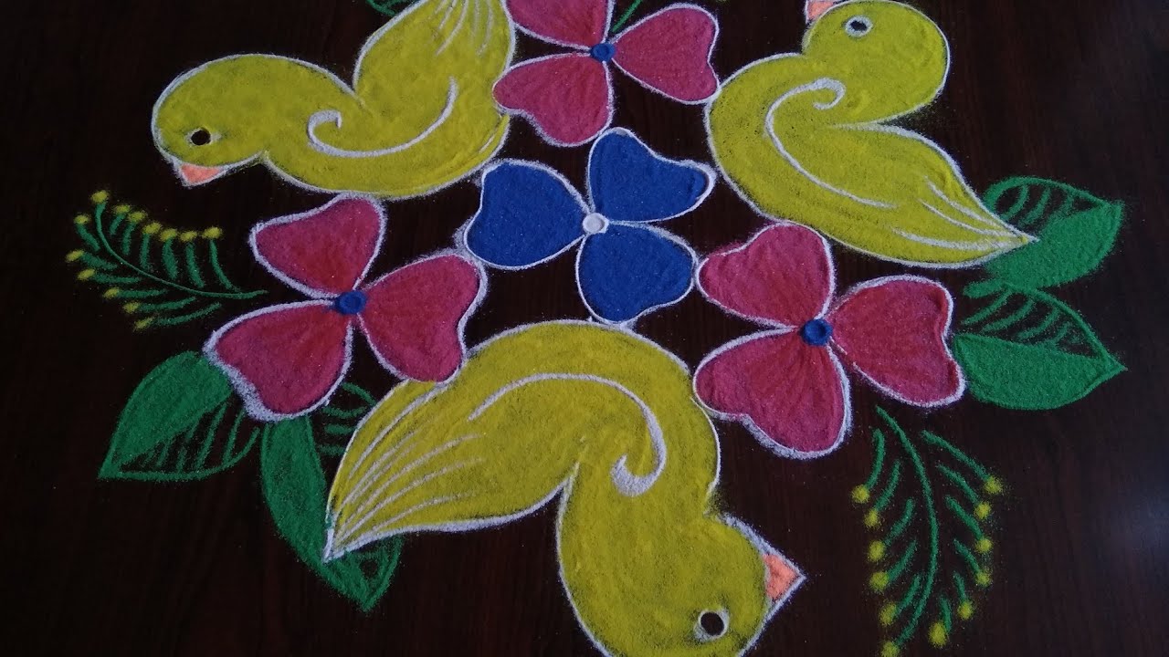 Simple// and easy  flower{ birds }rangoli 7×4 dots
