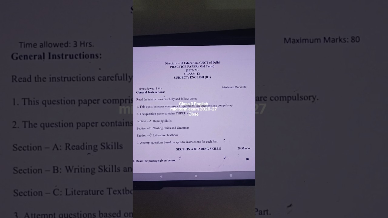 class 9 English mid term exam question paper 2026 | class 9 English half yearly exam 2026 | cbse/Doe