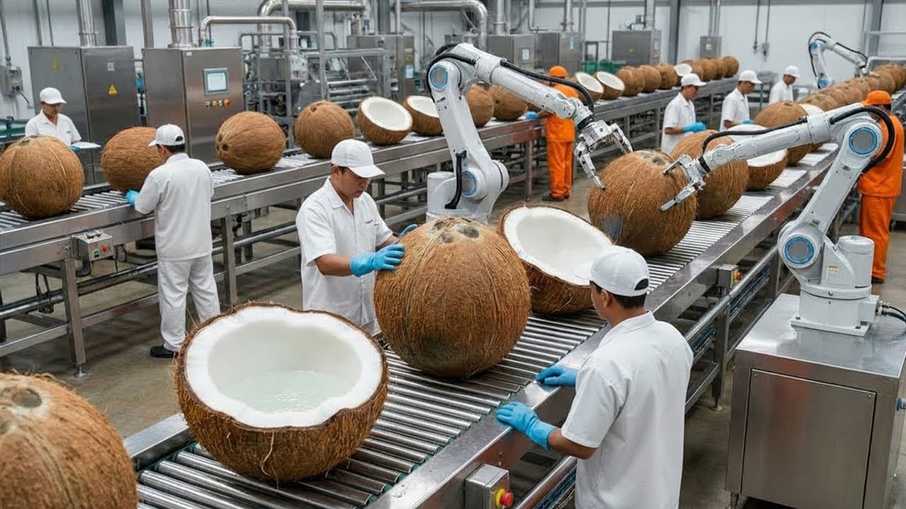 Inside a Modern Coconut Factory - From Hard Shell to Creamy Milk (Full Process)