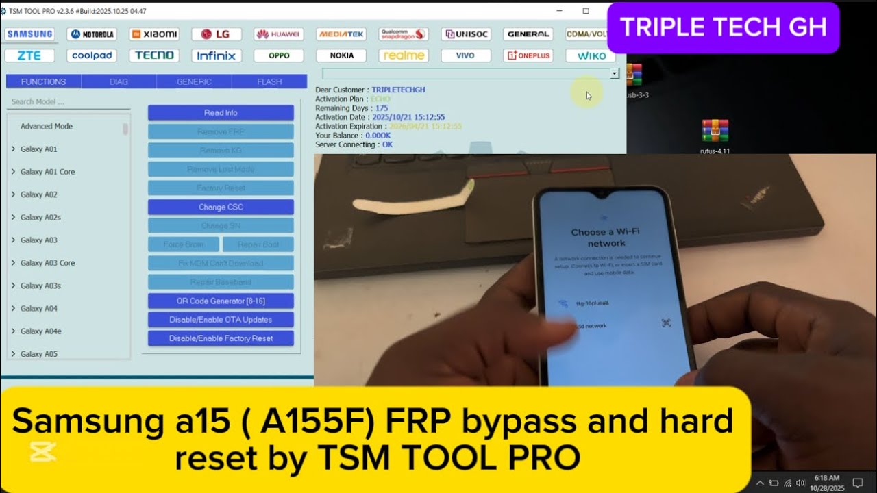 Samsung A15 ( A155F ) frp bypass and hard reset by tsm tool pro. Android 14, 15. #tripletechgh 