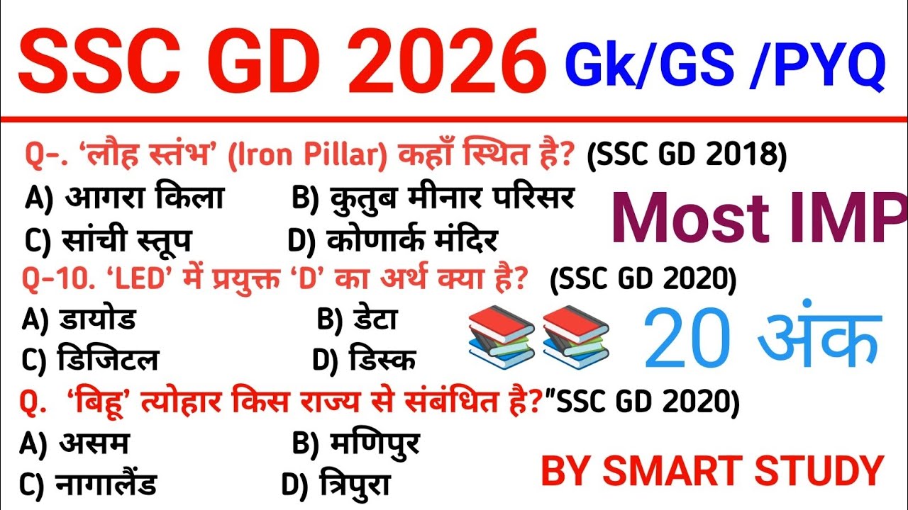 SSC GD 2026 GK GS | SSC GD Previous Year Questions | SSC GD GK GS Class in Hindi | Smart study | 02