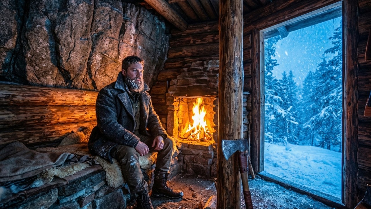 He Built a Warm Log Cabin & Heated Stone Bed in a Blizzard — Solo Winter Survival