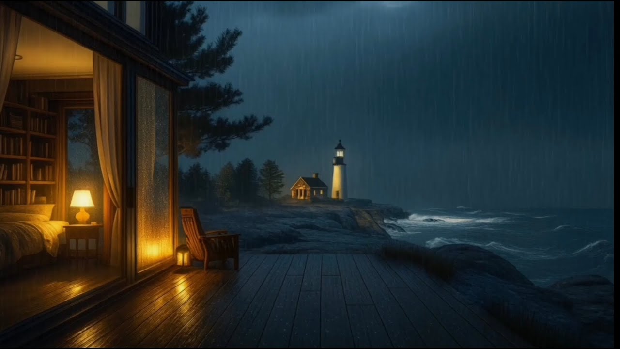 Heavy Rain on a Cozy Cabin Deck | Forest Night Sounds for Sleep