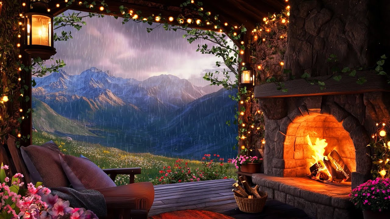 Fireplace ambience - Forest Rain Sounds - Sleep Sounds - Spring Rain Ambience