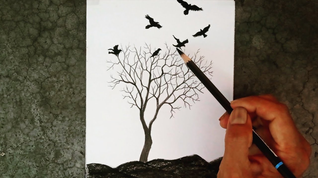 Simple pencil drawing of a dry tree and flying birds.