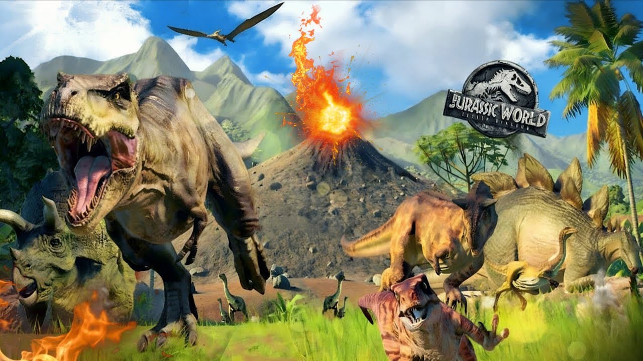 Dinosaurs escaping from erupting volcano in Isla Nublar + Being rescued,Jurassic world evolution 2