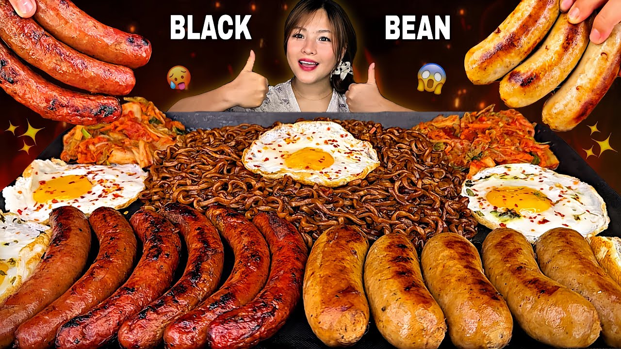 3 PACK SPICY BLACK BEAN NOODLES🔥GRILLED PORK & BUFFALO SAUSAGE WITH EGG🍳 & SPICY KIMCHI🌶️