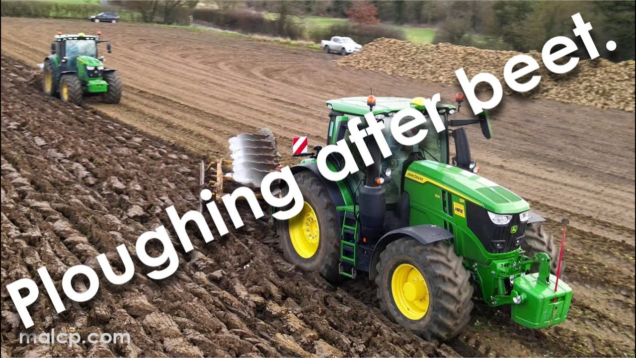 4Kᵁᴴᴰ John Deere 6R 250 & 6155R with Kverneland ploughs working near Saxted in Suffolk