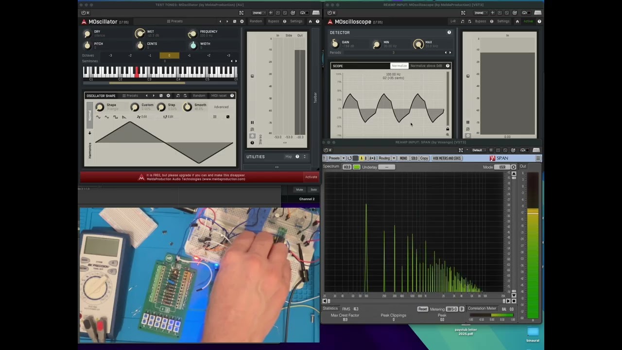 Clipping experiments with oscilloscope and spectrum analyzer, January 2026
