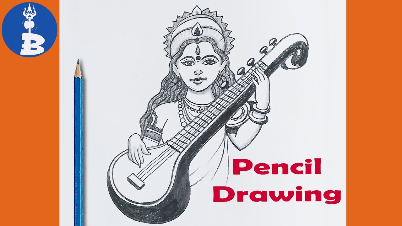 Maa Saraswati Devi Drawing _ Maa Saraswati Thakur With Bina Drawing _  Maa Saraswati Pujo Drawing