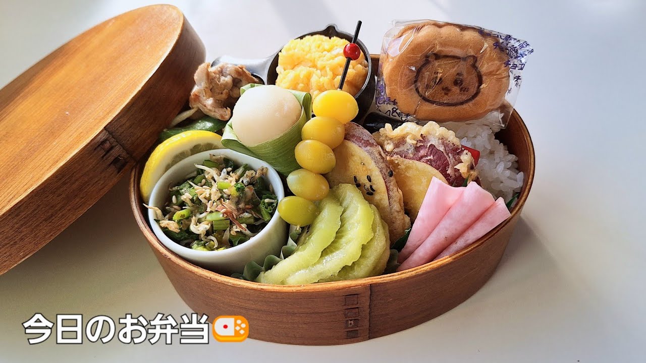 いり卵茶巾絞り・さつま芋ごま天・豚肉ニンニク塩麹炒め#お弁当おかず #お弁当作り #自分弁当 #簡単弁当 #bento #obento #lunchbox #lunchtime #lunch 