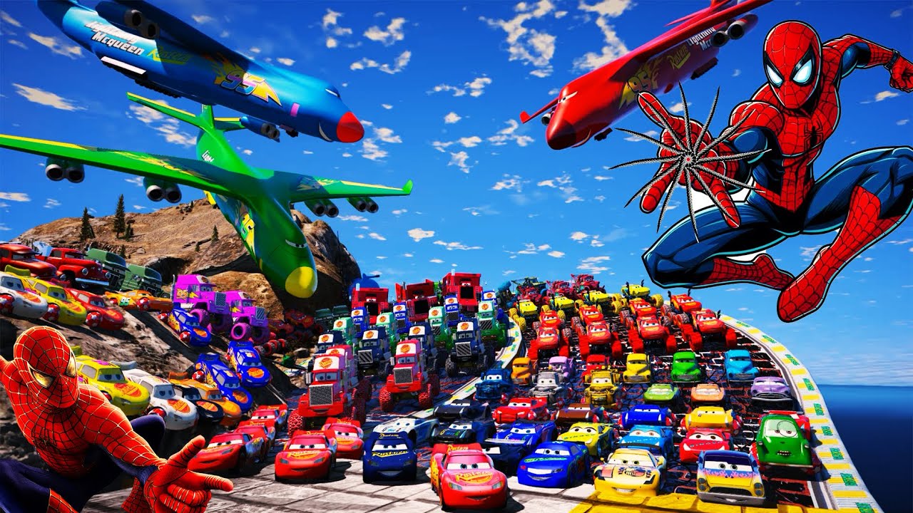 GTA 5 Spiderman Pixar Cars Challenge 🚗 Lightning McQueen Vs Jackson Storm Monster Truck Toys 🔥 Car 3