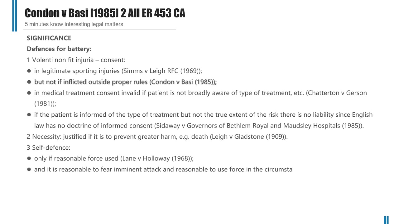 [Case Law Tort] ['defences for battery']Condon v Basi [1985] 2 All ER 453 CA