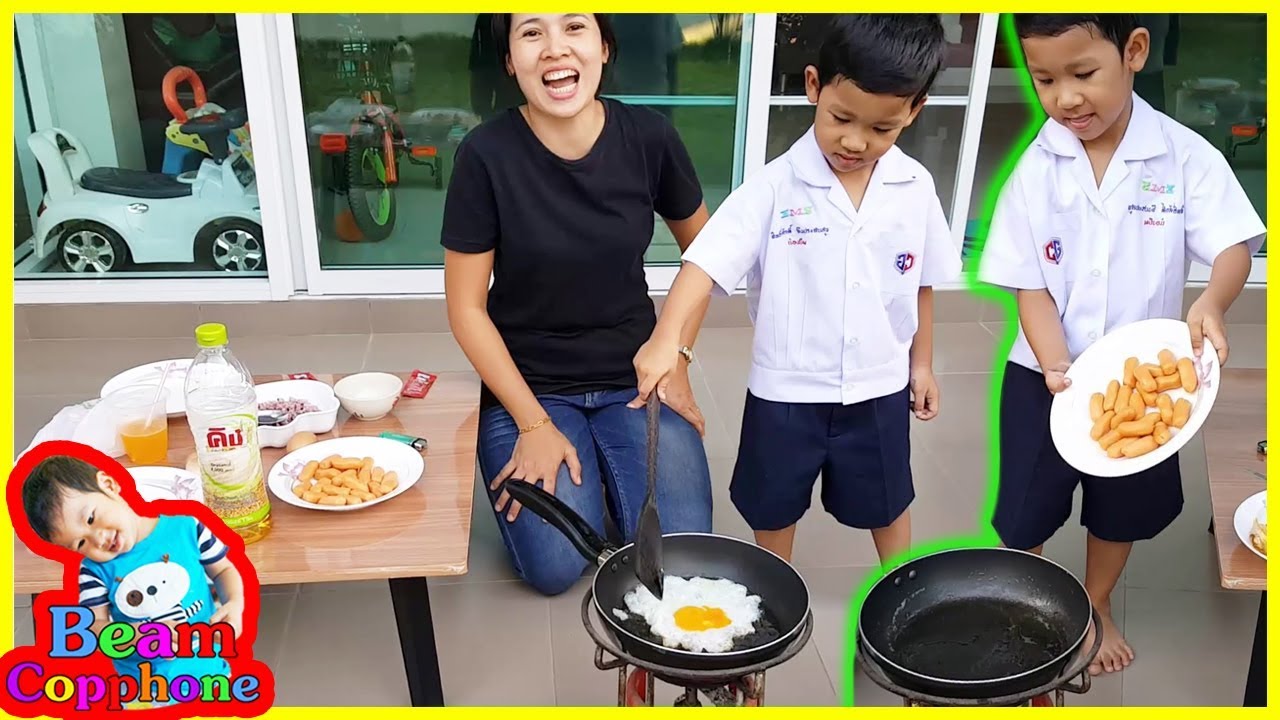 น้องบีม | ทำอาหาร EP1 | ทอดไข่ดาว ไส้กรอก Food