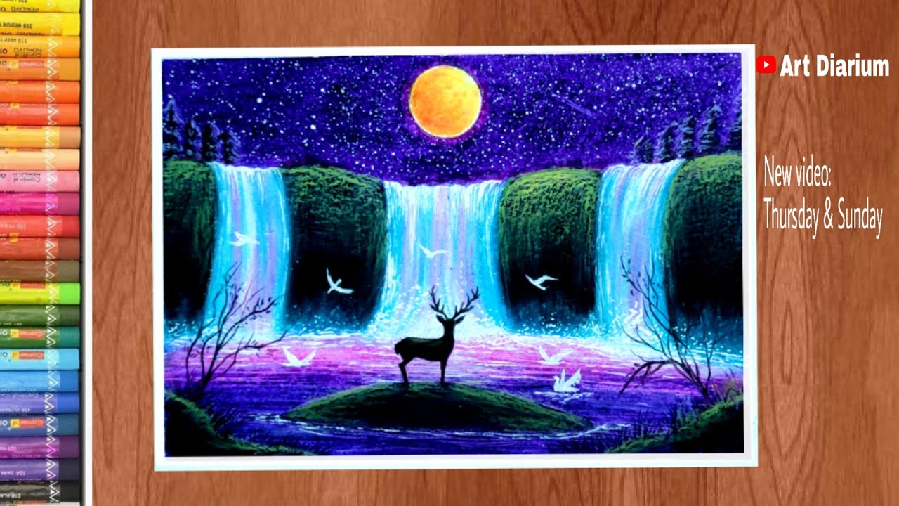 Art with oil pastels | Moonlight Waterfall scenery drawing for beginners - step by step