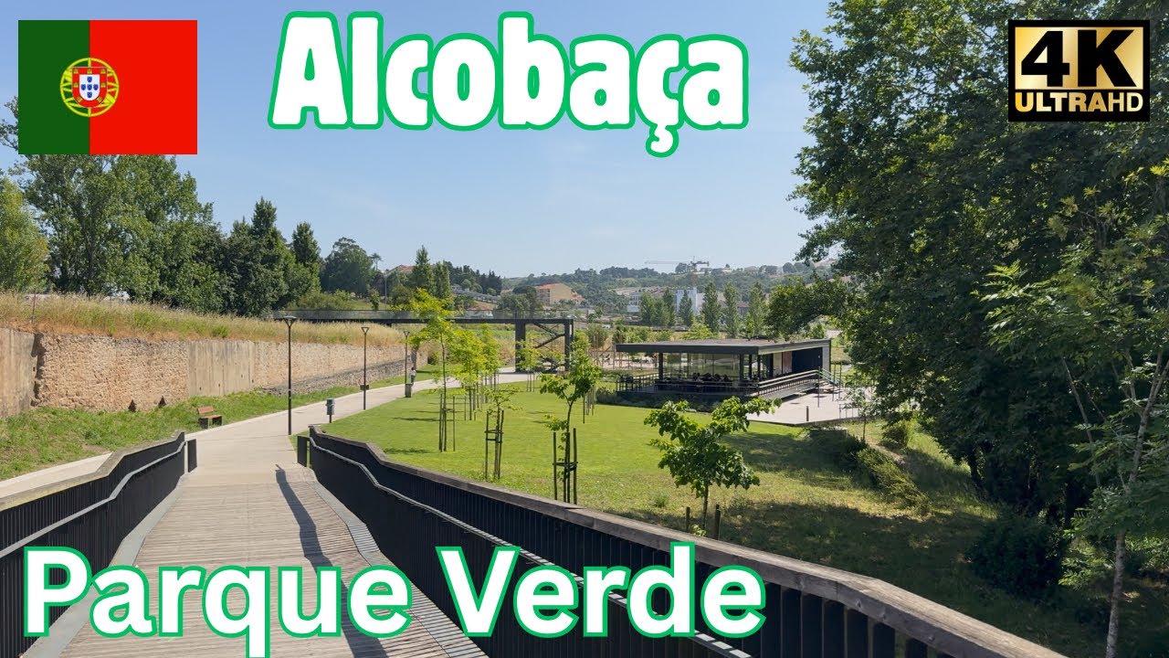 Caminhando pelo parque verde de Alcobaça, Portugal 🇵🇹 4K virtual tour. Caminhando em Portugal.