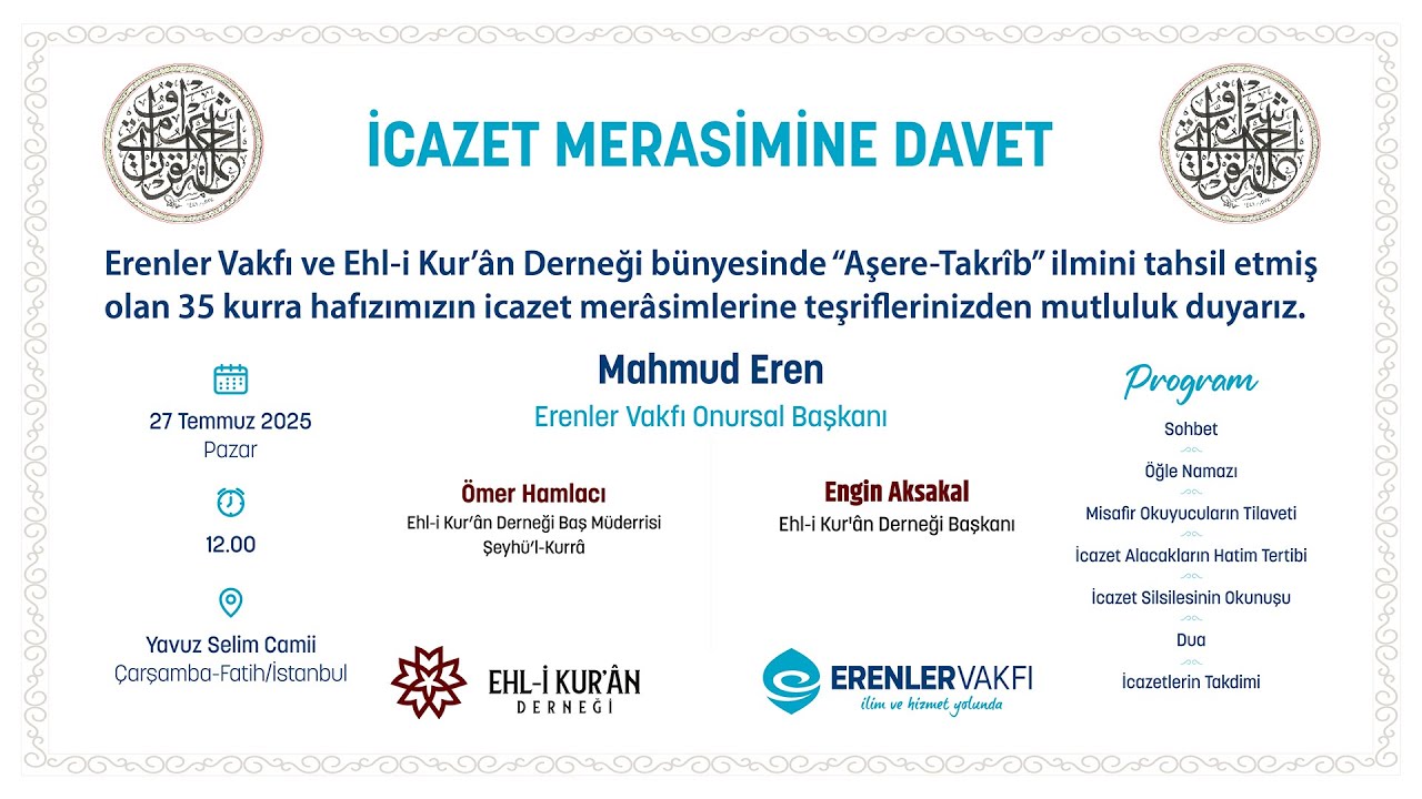 Aşere-i Takrib İcazet Merasimi Canlı Yayını | 27.07.2025