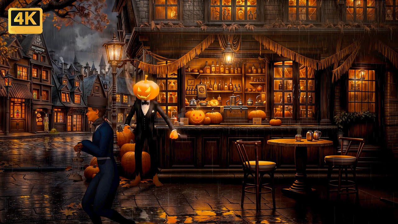 Victorian Coffeehouse Halloween Ambience with Relaxing Rain Sound & Thunderstorm Sound for Sleeping