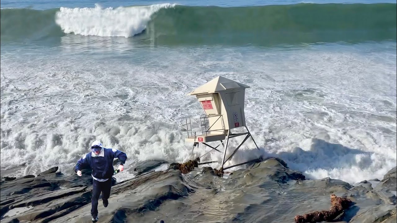 The Moment Waves Broke a Laguna Beach Lifeguard Tower:  Largest Waves in 50years?