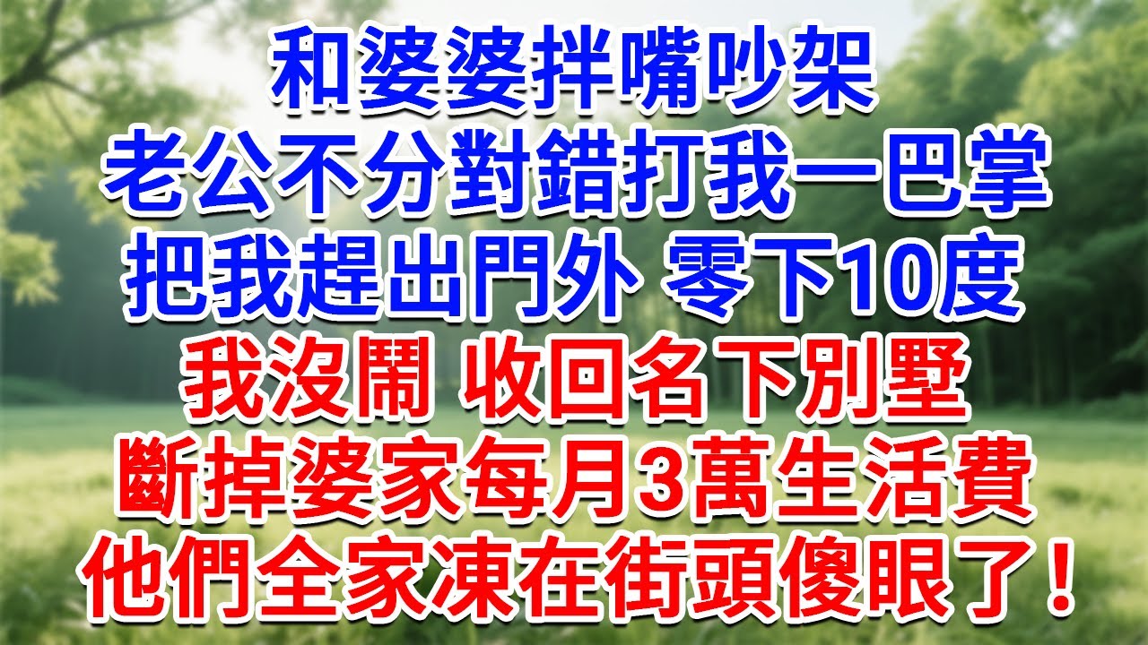 和婆婆拌嘴吵架，老公不分對錯打我一巴掌，把我趕出門外零下10度，我沒鬧 收回名下別墅，斷掉婆家每月3萬生活費，他們全家凍在街頭傻眼了！#為人處世#生活經驗#情感故事#故事#小說#戀愛#情感#婚姻