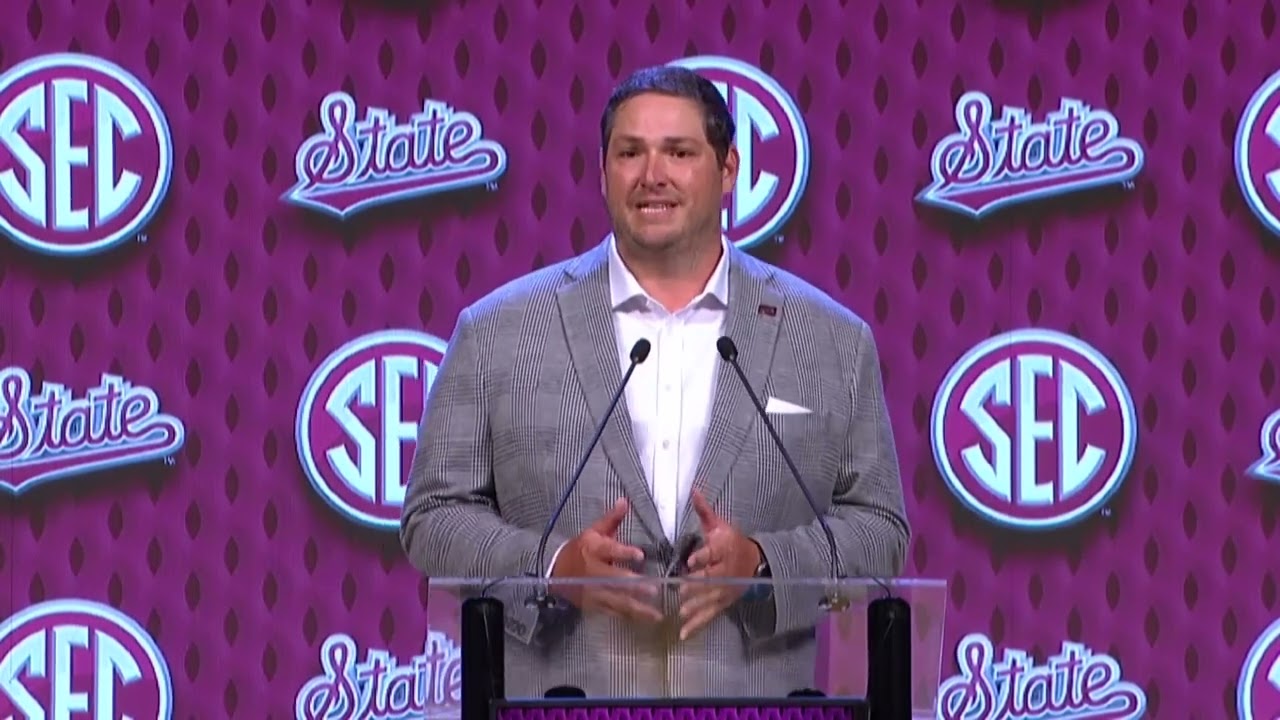Mississippi State head coach Jeff Lebby speaks at 2024 SEC Media Days