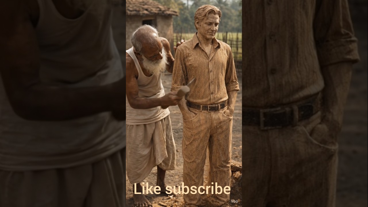 Handcrafted Wooden Statue by an Old Village Car 